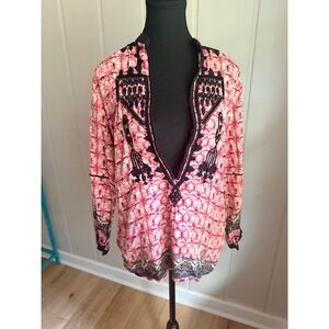 Fusion Pink Tie Dye Embroidered V-Neck Tunic Blouse Long Sleeve Boho Top